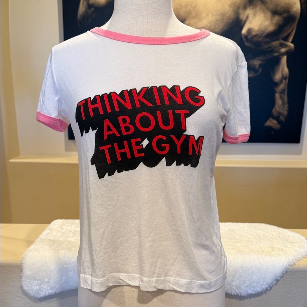 White Graphic Tee with Pink Trim - "Thinking About The Gym"